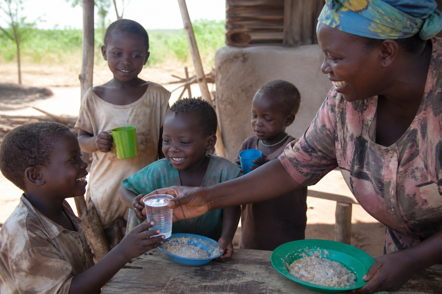 Crianças africanas sendo cuidadas e recebendo água e alimento