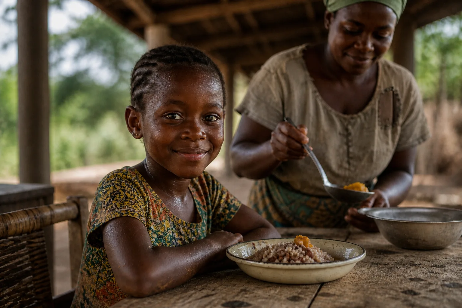 Criança recebe uma refeição em uma mesa comunitária